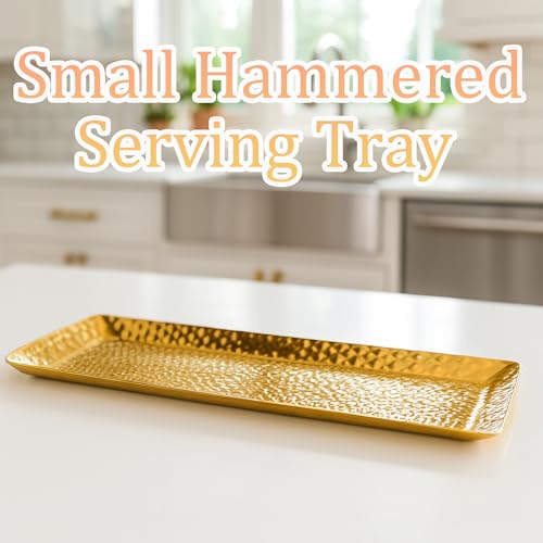 Hammered Rectangular Platter Serving Tray, Gold Stainless Steel Decorative Storage Tray, 9.8 x 4.3 Inch