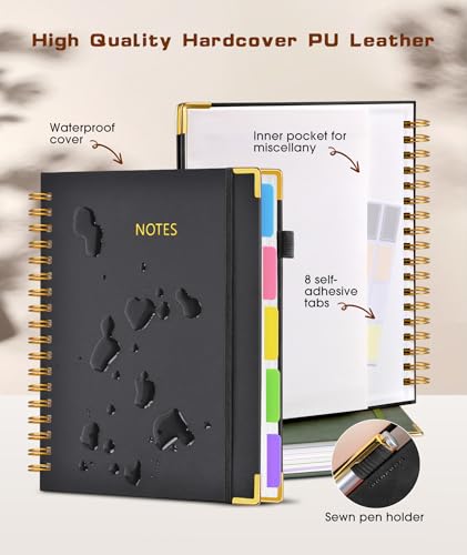Hardcover Spiral Notebook journal with Removable Dividers Tabs, 300 Pages Leather 5 Subject Notebook College Ruled, 8"x10" Large B5 Notebooks for Work School Note taking, Lined Journal for Women,Black - color: Black, size: 8"x10"
