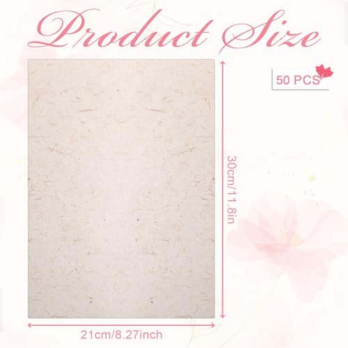 50 Sheets A4 Mulberry Paper Visible Leaves Fiber Rice Paper Printable Mulberry Rice Papers for Decoupage Drawing Writing Card Making DIY Crafts (Translucent, 11.8 x 8.3 in)
