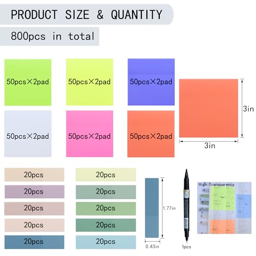 YOUDEFUL 800Pcs Transparent Sticky Note, 3"x3" Clear Sticky Note,Colorful - size: Square Bright Colorful