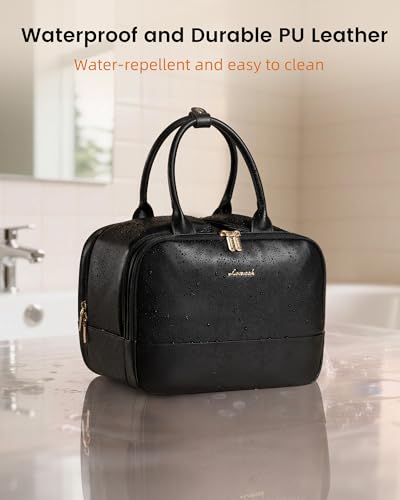 LOVEVOOK Travel Toiletry Bag for women, Leather Large Wide-open Makeup Bag, Waterproof Cosmetic Bag Organizer for Shower, Traveling, Toiletries, Bathroom - color: Black