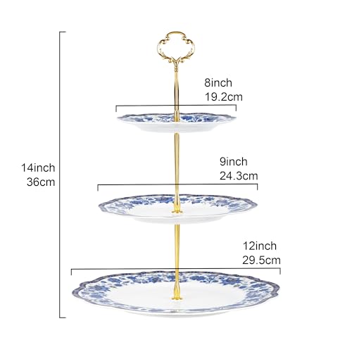 fanquare 3-Tier Elegant British Blue Floral Porcelain Cupcake Stand - color: Blue Cake Stand