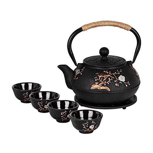 Cast Iron Tetsubin Kettle Teapot Set with Cups Trivet Infuser - color: Plum