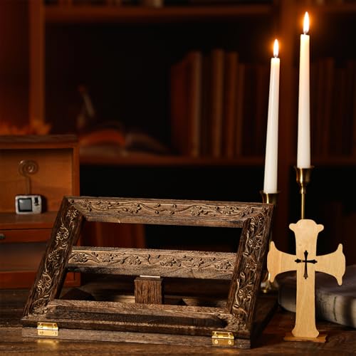 DoubleFill Adjustable Wooden Bible Stand Carved Bible Holder Missal Stand Book Display for Reading Folding Religious Prayer Wooden Holy Book Holder 12.99 x 10.04 Inches(Dark Brown) - color: Dark Brown