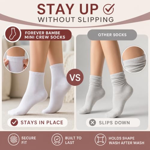 Forever Bambe Mini Crew Socks for Women 4-Pack Cushioned Bottom Retro Striped Socks - Athletic Women's Short Calf Sock - color: 6 - Solid White