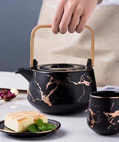 Serve of 4-Marble Porcelain Teapot Set with Infuser for Loose Tea, Black - color: Black