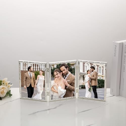 YiPinYin Elegant Silver Plated 5x7'' Hinged Triple Metal Picture Frame,Bamboo Detail Designs,with Real Glass & Soft Touch Velvet Backing for Desktop and Wall Décor - color: Silver, size: 5x7''(Triple)