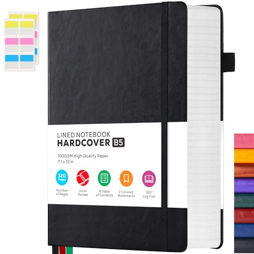 FOCUS DAY Journal Notebooks College Ruled, Thick Notebook Journal with 100GSM Paper, B5 Large Lined Notebook Journal for Women & Men, 7.1'' X 10'', 320 Pages, Black Leather Notebook - color: 2.Black, size: B5