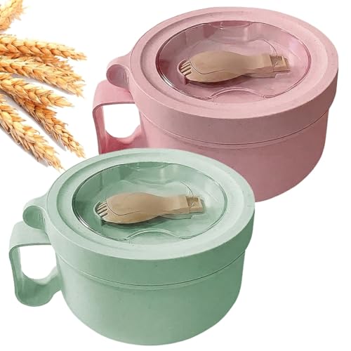 2Pack 28.7oz Wheat Straw Microwave Ramen Bowl Set Noodle Bowls With Lid and Spoon,Improved Easy-Grip Design for On-the-Go - Holds Soup, Rice, Cereal,More,BPA-Free(Pink+Green) - color: Pink+Green 2-Pack
