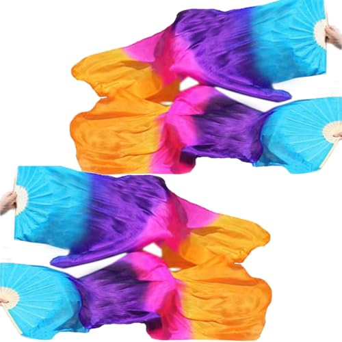 BRYCTSISEN Silk Belly Dance Fan Veil 2 Pairs Long Performance Folding Fan - color: Gradual Purple