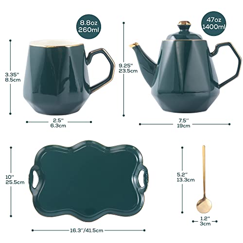 DUJUST 14 pcs Tea Set of 6 with Tray & Spoons, Modern Diamond Design Tea/Coffee Cup Set with Golden Trim, Chic Porcelain Living Room Decor, Fine-China Teapot Party Set, Gift Package - Green - color: green: 14pcs tea set
