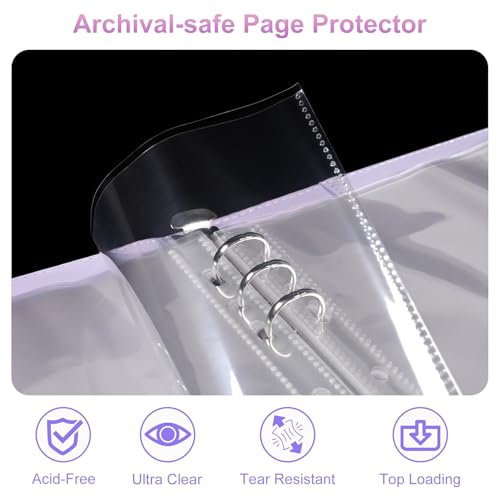 PU Leather A5 Binder, 5x7 Photo Sleeves with 60 Pockets, Secure Top Loading Pages, Refillable Adjustable Album for Keepsakes, Purple - color: Purple