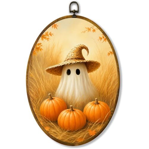 Straw Hat Ghost Oval Wall Art, Framed Canvas Decor, 8.5x11.5 Inch - color: Straw Hat Ghost Pumpkin Grass