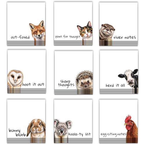 9 Pack Cute Sticky Note Pads with Funny Animal Puns, Realistic Hand-Drawn Style Stick Notepads for Office School Supplies, Self-Adhesive Memo Gifts for Teachers, Students, Work, Animal Lovers - color: Peeking Animals