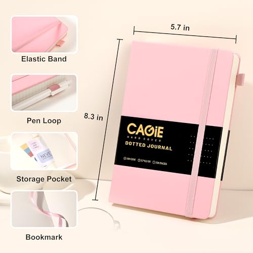 CAGIE Bullet Dotted Journal Notebook 320 Pages 100 GSM Paper Hardcover A5 Dot Grid Notebook Leather Journals for Writing Women Men Work Journaling, Pink - color: Pink, style: Dotted A5