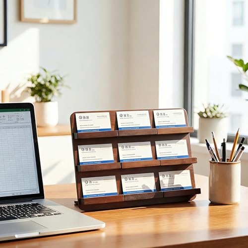 Leinuosen 3 Tier Wood Multiple Business Card Holder Desktop 9 Slot Business Card Holder for Desk Gift Postcard Display Rack Pamphlet Display Stand for Office Meeting Home (9.45 x 12.99 Inch) - size: 9.45 x 13 Inch, style: 9 Slot