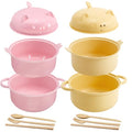 2 Sets Large 45oz Cute Pig Ramen Bowl Set Microwavable Pink, Yellow - color: Pink,Yellow