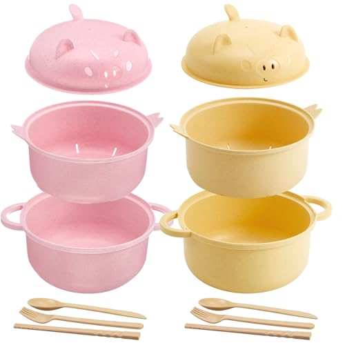2 Sets Large 45oz Cute Pig Ramen Bowl Set Microwavable Pink, Yellow - color: Pink,Yellow