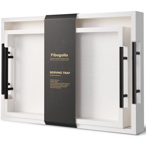 Fibogollo Set of 2 Bamboo Serving Trays with Metal Handles(White) - style: White-Medium and Large Set