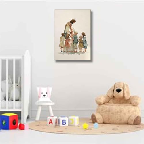 Jesus Children Canvas Wall Art Watercolor Jesus Child Painting Decor Pictures Nursery Christian God Posters Prints for Dining Living Prayer Room Kitchen Church Wall Bedroom Decoration - color: watercolor, size: 36"L x 24"W