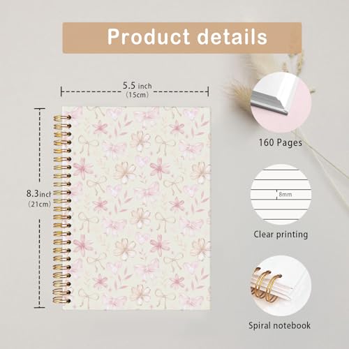 MOFUYU Cute Notebook for Girls,Coquette Bow Hardcover Spiral Notebook - color: Yellow bow(pink)