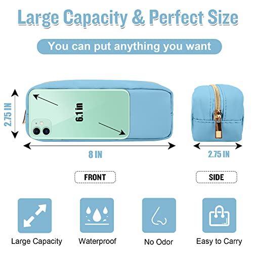 Izuzta Nylon Small Makeup Bag Slim Pouch, Preppy Cute Brush Case, Cosmetic Zipper for Purse, Waterproof Travel Toiletry Clutch Coin Organizer for Women Girls (Blue) - color: Blue, size: Slim