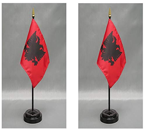 2 Albania Mini Desk Flags with Stands for Office or Tabletop Display - color: Albania