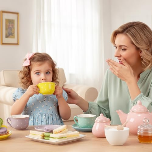 Porcelain Tea Set for Toddlers, Tea Party Set for Little Girls, Kids Tea Set Kitchen Pretend Play, Princess Tea Time Playset with Teapot Cups Carry Case, Toddler Girl Toys Birthday Gifts Age 3+ - style: C. Color Dot Tea