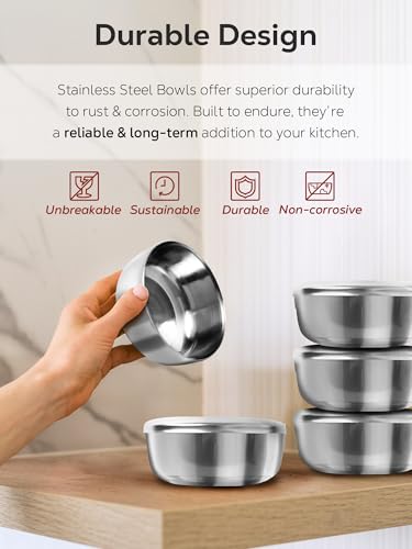 Korean Stainless Steel Rice Serving Bowls with Covers, Set of 4, Keep Your Food Hot & Cold, Long-Lasting Durability, Traditional Kitchenware for Home & Restaurants, Made in Korea