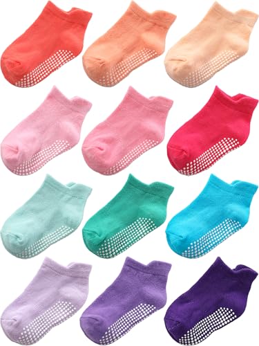 Aroveea Toddler Socks Non Slip Grip Baby Girls Kids Ankle Cute 12 Pack - color: Bright Rainbow, size: 6-12 Months
