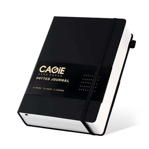 CAGIE Bullet Dotted Journal Notebook 320 Pages 100 GSM Paper Hardcover A5 Dot Grid Notebook Leather Journals for Writing Women Men Work Journaling, Black - color: Black, style: Dotted A5