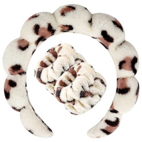 Zkptops Spa Headband for Washing Face Wristband Set Sponge Makeup Skincare Headband Wrist Plush Bubble Get Ready Hairbands for Women Puffy Headwear Non Slip Thick Thin Hair Accessory(Beige Leopard) - color: Y Beige Leopard