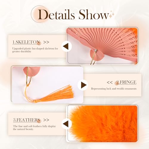 whitefeather Vintage Feather Hand Fan, 17.7 x 11.8 inches, Marabou Feathers, 1920s Style for Costume Parties, Tea Parties - color: Orange
