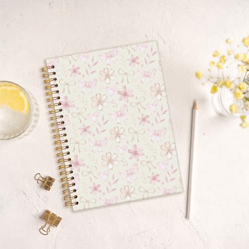 MOFUYU Cute Notebook for Girls,Coquette Bow Hardcover Spiral Notebook - color: Yellow bow(pink)