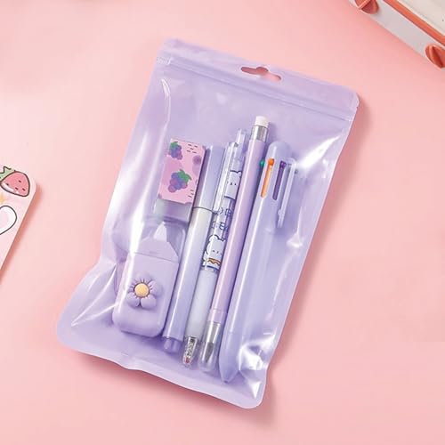 MOZXIRZ 6 Pcs Cute Purple Stationery Set for Women Back to School Supplies Office Supplies Including Gel Ink Pens 6-in-1 Ballpoint Pens Pencil Eraser (Purple) - color: Purple
