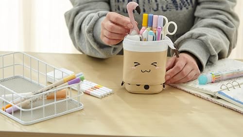 Telescopic Pencil Bag Pen Holder Pop Up Stationery Case, Stand-up Retractable Transformer Bag Standing Organizer, Great for Christmas Holiday New Year Office Bag - color: Brown