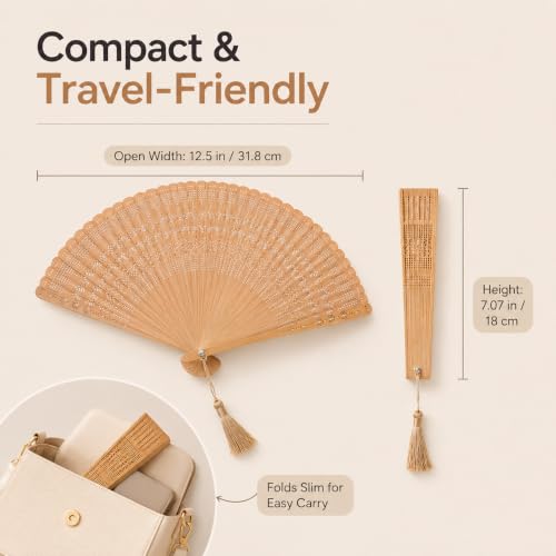 COHEALI Bamboo Folding Hand Fan, 12.5 Inch Wooden Handheld Fan with Tassel, Vintage Cooling Accessory for Women, Weddings and Parties