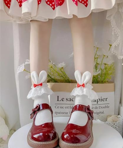 Cute Lolita Rabbit Bunny Ears Socks for Women & Teen Girls - Lace Bow Short Novelty Ankle Socks - color: Red