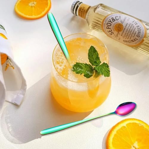 Long Handle Iced Tea Spoon,7.8-Inch Coffee Spoon,Ice Cream Spoon, Stainless Steel TeaSpoons,Cocktail Stirring Spoon,Set of 6(Rainbow), 19.8cm - color: C-Rainbow Set of 6