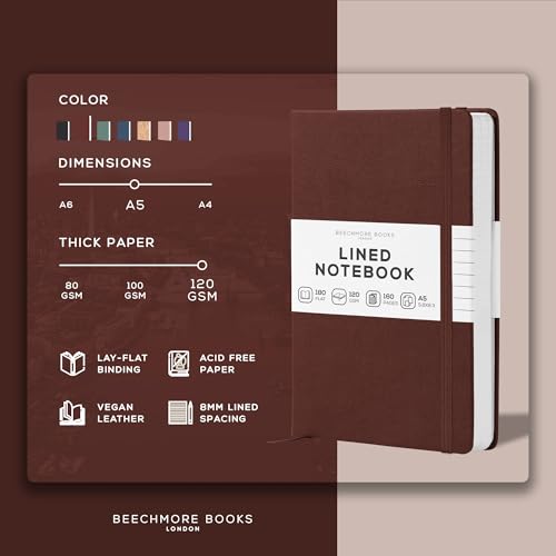 BEECHMORE BOOKS Premium Lined Leather Journal for Men & Women, 5" x 8" (A5) Thick 120gsm Ivory Cream Paper Notebook, Hardcover Vegan Leather Personal Diary, With Gift Box (Chestnut Brown) (Pack of 2) - color: Chestnut Brown, size: A5 - 5.8" x 8.3" Medium