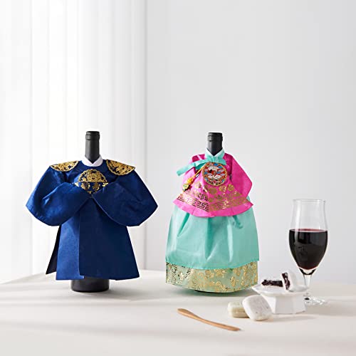 Korean Traditional Clothes HANBOK Wine Bottle Cover Housewarming Gifts,First New Home House Homeowner Gifts (King-navy)