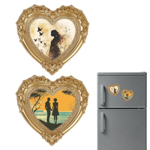 2-Pack Vintage Magnetic Photo Frame, DIY Heart Picture Holder for Fridge - color: Gold Heart Shape (2 packs)