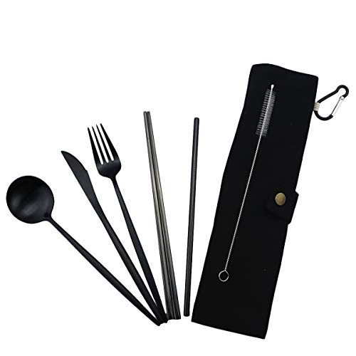 Luxury Black Matte Portable 18/10 Stainless Steel Travel Flatware Sets of 7 Portable Camping Cutlery Set, Healthy & Eco-Friendly Flatware Set with Carrying Case for Travel or Camping - color: Black, size: Black Pouch