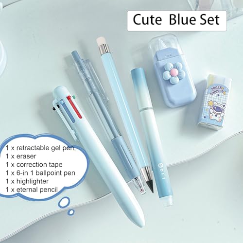 MOZXIRZ 6 Pcs Cute Blue Stationery Set for Women Back to School Supplies Office Supplies Including Gel Ink Pens 6-in-1 Ballpoint Pens Pencil Eraser (Blue) - color: Blue