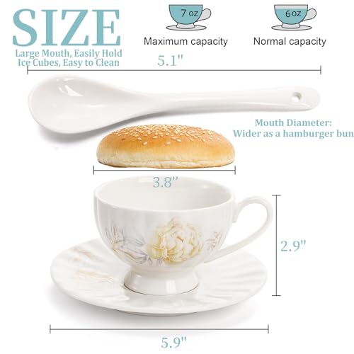 WRINGKIT Tea Cups and Saucers Set of 6, 7 Oz, Microwave Safe - size: Small