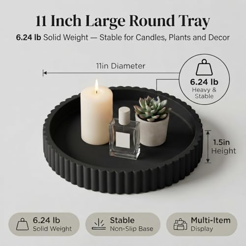 Round Solid Concrete Tray, Fluted Centerpiece for Coffee Table Decor 11" - color: Dark Black