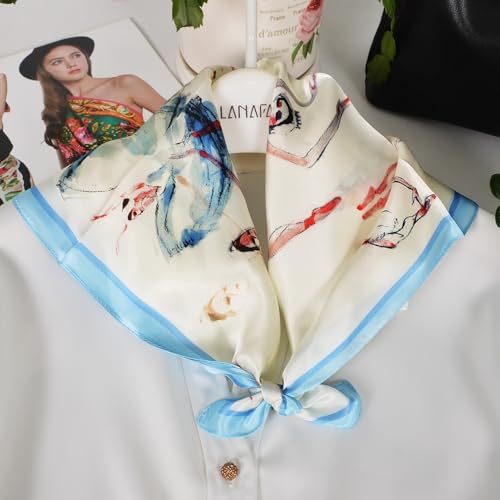 Women 100% Mulberry Silk Neck Scarf 21" Square Floral Neckerchief - color: Beige White