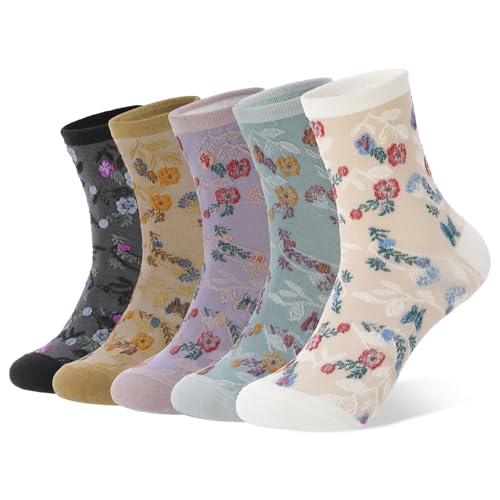 5/6 Pair Crew Socks for Women Floral Socks - color: White, Light Blue, Black, Yellow and Purple