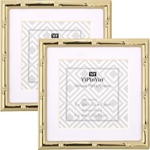 YiPinYin 4x4'' Gold Bamboo Design Metal Frame with mat for 3x3'' Set of 2, 3x3'' Elegant Gold Plated Metal Frame, Soft Touch Velvet Mat Desktop - color: Gold, size: 4x4 Mat 3x3 2PK