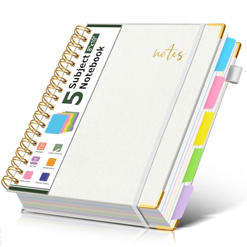 5 Subject Spiral Notebook Journal with Removable Dividers Tabs, 300 Pages Organizer Notebooks for Work School, 8"x10" Hardcover Leather Notebook College Ruled, Large Lined Journal for Women Men,White - color: White, size: B5
